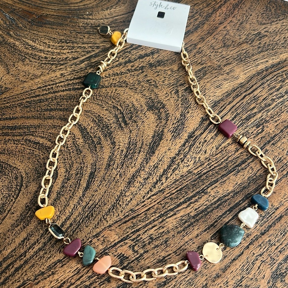 Style & co sliver long beaded tower necklace